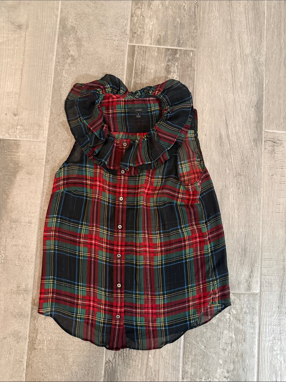 J. Crew Women’s Red and Navy Plaid Ruffle Collar Sleeveless Top